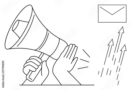 Megaphone and hand amplifying sound, envelope symbolizing communication, arrows rising to show growth. Ideal for marketing, advertising, promotions, notifications, leadership, motivation simple flat