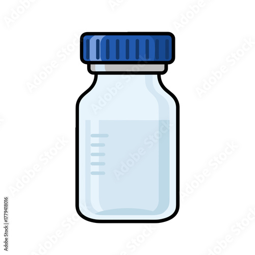 Simple cartoon illustration of a laboratory bottle filled with clear liquid and blue cap on white background