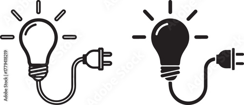 Outline and filled lightbulb with cord and plug black white