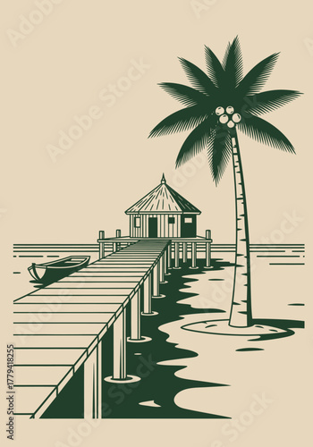 Tropical island scene with a hut on stilts, a long pier, a boat, and a tall palm tree in a graphic, two-tone style.