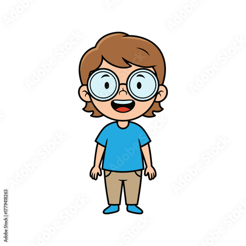 Smiling Cartoon Boy With Glasses Wearing A Blue T Shirt And Khaki Pants Standing On A White Background