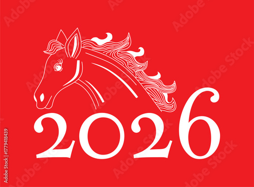 2026 Chinese New Year picture. Horse shape combined with 2026 on red background. Linear white horse.