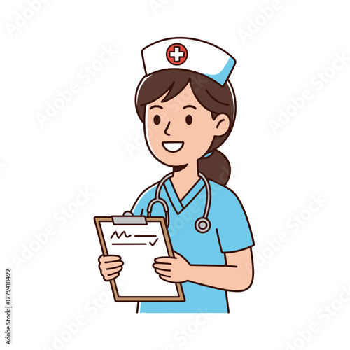 Smiling Nurse in Light Blue Uniform Holding a Clipboard and Stethoscope Isolated on a Black Background with Red Cross Hat