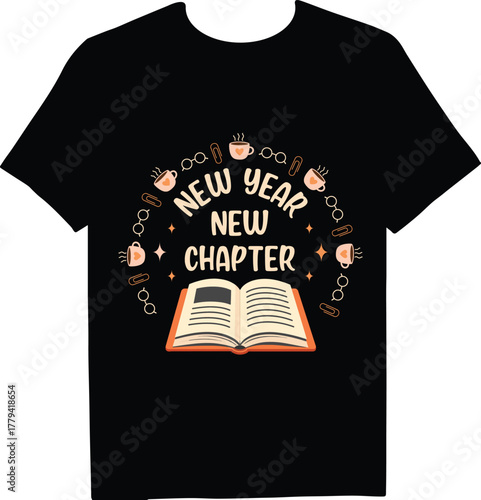 Celebrate the new year with a fresh start, depicted on a black tshirt featuring an open book and the words new year, new chapter surrounded by festive decorations
