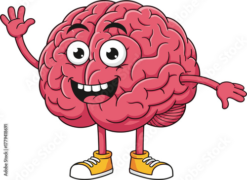 Cartoon brain with smiling face and tongue out, vector illustration, flat design, funny anthropomorphic character for education and neuroscience