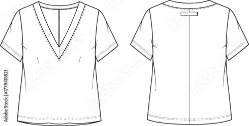 CAD Drawing Flat Vector Illustration of Short-Sleeved Women’s Top with Deep V-Neckline, Center Seam, Relaxed Fit, and Back Detail