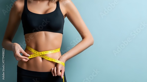 Slender female torso with defined abdominal muscles is measured with a yellow tape measure against a light blue background