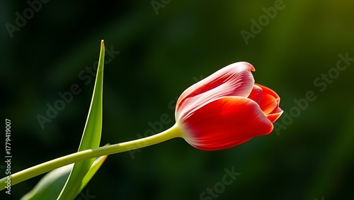 phototropism. A red tulip growing horizontally with its flower turned upward toward the light source. gardening catalogs, home-decor guides, designed for home decor and floral branding.
