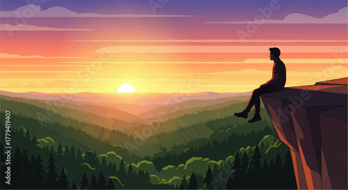 Silhouette of a person sitting on a cliff edge at sunset overlooking a valley.