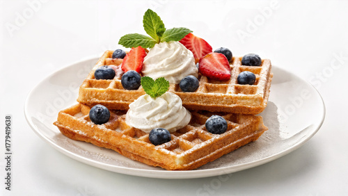 Belgian waffles with berries and cream isolated on white background