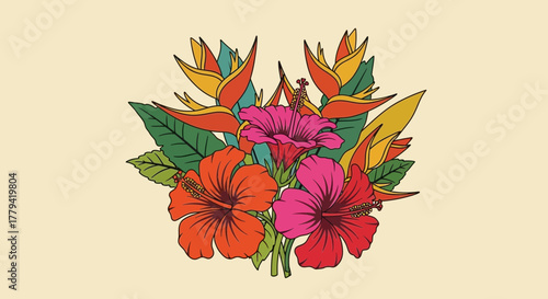 Exotic flora bouquet, vibrant hibiscus blooms and bird of paradise flowers