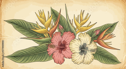 Exotic blossoms illustration, an expressive vintage tropical arrangement