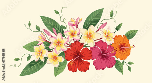 Exotic floral display of plumeria and hibiscus for a tropical ambiance