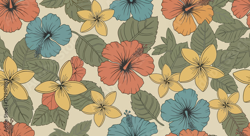 Floral arrangement featuring tropical hibiscus and frangipani blossoms