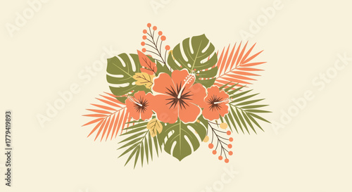 Hibiscus blooms nestled among tropical foliage in a flat design illustration