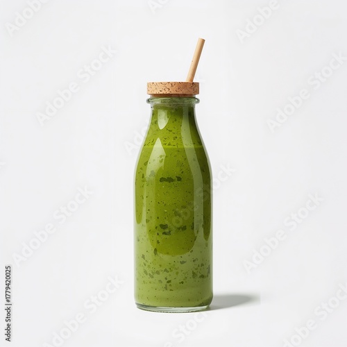Healthy green smoothie in glass bottle isolated on white background