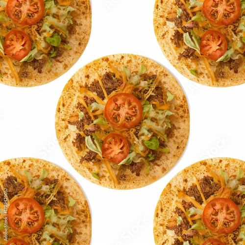 asty tacos with beef, lettuce, cheese and tomato isolated on white background