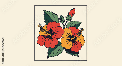 Stylized hibiscus flowers with leaves in a vintage square frame design