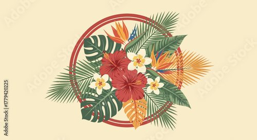 Tropical paradise floral arrangement with vibrant hibiscus and foliage