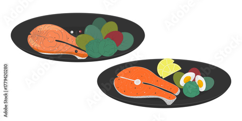 Salmon Steak Various Healthy Eating Presentations on Dark Plate Sticker Icon Minimal Flat design Set. Set Isolated Vector illustration Healthy Food Related content Recipe Menu card, price tag, leaflet