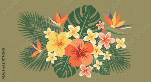 Vibrant tropical floral arrangement featuring hibiscus and paradise flowers