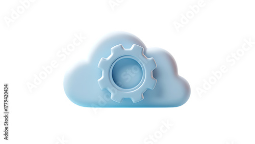 3d icon png, a light blue cloud icon with a matching blue gear symbol, representing cloud computing, settings, and configuration, isolated on transparent background