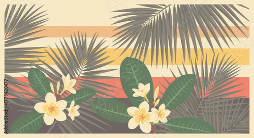 Tropical harmony: Palm leaves and plumeria flowers on retro striped background