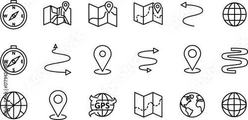 Collection of hand drawn navigation and travel icons including compasses maps globes and location pins isolated on transparent background