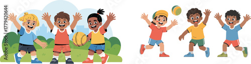 Set of Happy Diverse Kids Playing, Cheering, and Waving Hands Outdoors in the Park Vector Illustration