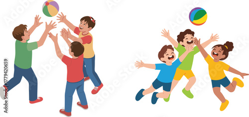 Set of Happy Kids Jumping and Reaching Up to Play with Colorful Beach Ball Vector Illustration