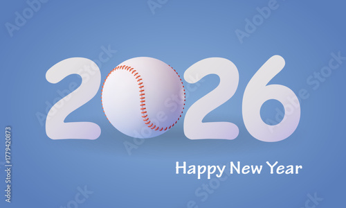 Vector New Year 2026 greeting card with baseball replacing zero, creative sports-themed holiday design on blue background, modern concept for athletic celebrations and seasonal marketing visuals