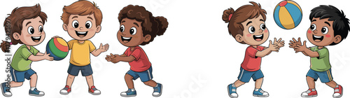 Set of Happy Diverse Kids Playing Catch with Colorful Ball and Enjoying Fun Activities Vector Illustration