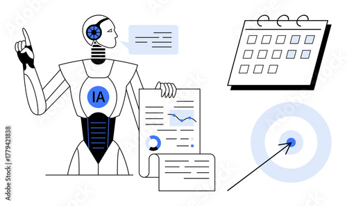 Human-thumbs up AI robot pointing upward, analyzing reports with graphs, calendar, and goal target. Ideal for artificial intelligence, technology, innovation, analytics, productivity planning
