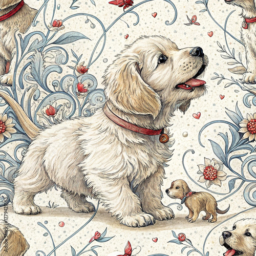 An elegant seamless pattern in a detailed, vintage watercolor style, featuring a fluffy golden retriever puppy surrounded by elaborate blue-gray scrolling foliage, red hearts, and wild flowers