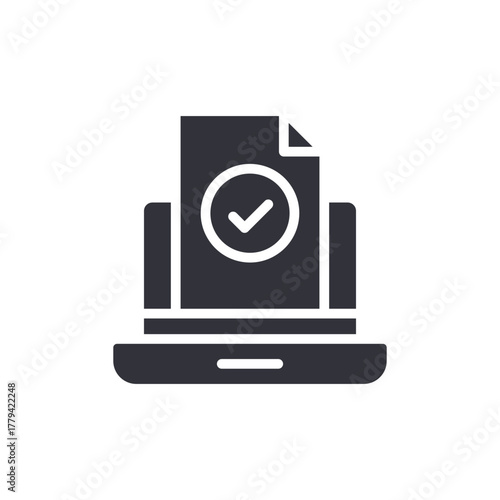 Laptop With Document And Tick Verification Symbol Icon