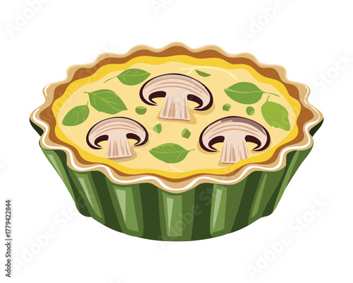 Whole Vegetable Quiche with a Buttery Crust, Filled with Sautéed Mushrooms and Topped with Fresh Green Garnish for Dinner - Vector Illustration