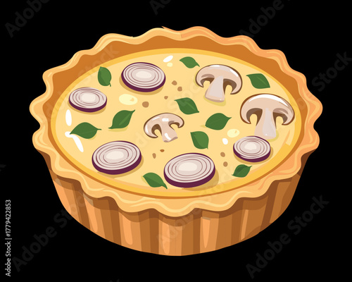Homemade Spinach and Mushroom Quiche with a Rich Egg and Cream Custard Filling, Perfect for Brunch or Lunch Meal - Vector Illustration