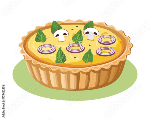 Classic Savory Quiche Tart with Sliced Mushrooms, Onions, and Fresh Herbs in a Golden Flaky Pastry Crust Dinner - Vector Illustration
