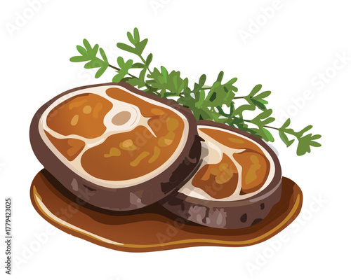 Thick Slice of Seared Beef Steak Seasoned with Fresh Rosemary and Pepper, Garnished with Greens Ready to Enjoy - Vector Illustration