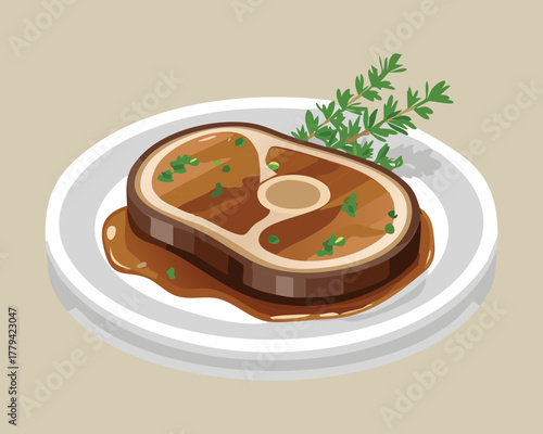 Succulent Medium-Rare Grilled Beef Steak Served with a Savory Pan Sauce on White Ceramic Plate for Fine Dining - Vector Illustration