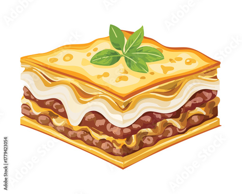Sizzling Hot Lasagna with Layers of Pasta, Ground Meat Filling, and Topped with Melted Golden Brown Parmesan Cheese - Vector Illustration