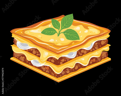 Classic Homemade Baked Lasagna with Rich Meat Sauce Layers, Melted Cheese, and Fresh Herbs Garnish Ready to Serve - Vector Illustration