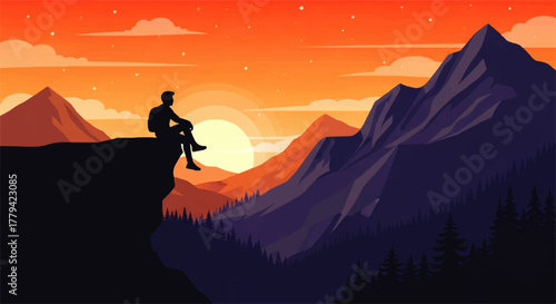 Silhouette of a person sitting on a cliff overlooking a mountain range at sunset.