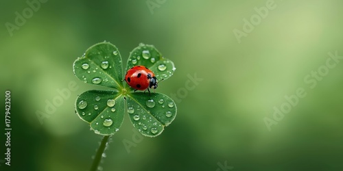 Lucky four leaf clover with ladybug and water droplets for good luck concept