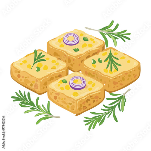 Simple vector graphic depicting four pieces of baked savory pastry or small pizzas topped sparsely with onion and a sprig of rosemary - Vector Illustration