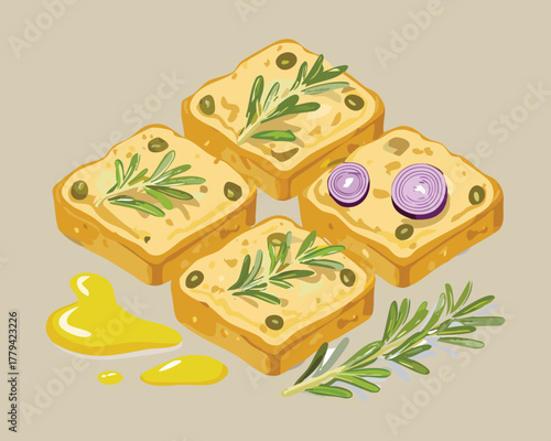Illustration of four cheesy savory squares, possibly focaccia or bruschetta, garnished with thin purple onion slices and fresh green herbs for a starter - Vector Illustration