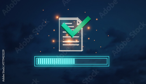 The Loading Bar. Below it a minimalist futuristic loading bar is glowing bright cyan and is almost complete. As it fills a large green checkmark symbol materializes above the document icon.
