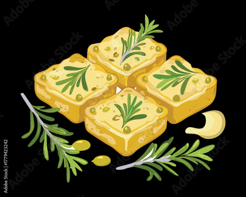 Four square pieces of savory baked pastry or bread topped with melted cheese, fresh rosemary, and drizzled with olive oil for an appetizer - Vector Illustration