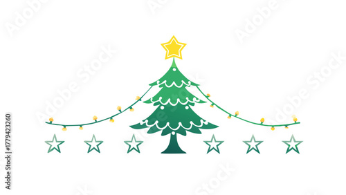 Beautiful Christmas tree silhouette decorated with shining star on top, glowing lights, minimal and elegant festive design