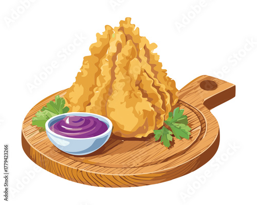 Golden brown deep-fried onion snack, perhaps a samosa or bhaji, presented on a wooden platter with a side of purple creamy dipping sauce - Vector Illustration
